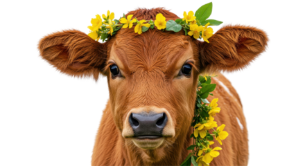 Isolated Cow Head with Flower Wreath