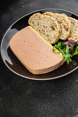 Liver mousse pate duck poultry meat tasty fresh delicious gourmet food background table rustic food top view copy space