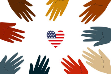 asian american and pacific islander heritage month abstract banner. diverse hands and american flag heart. vector flat greeting card or banner