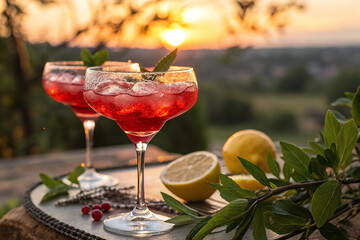 Refreshing Red Sunset Cocktail with Ice – Elegant Summer Evening Drink.