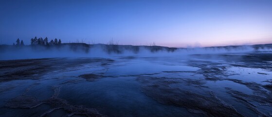 Fototapeta premium Twilight Mist: Steaming Springs & Distant Trees 