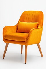 Naklejka premium Golden Hour Comfort: An inviting studio shot of a plush, vibrant orange armchair, a symbol of refined comfort, adorned with a matching lumbar pillow, captured in a clean aesthetic