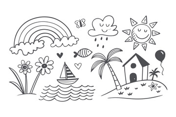 Obraz premium Hand drawn tropical tree and beach vector illustration set for summer vacation and travel designs