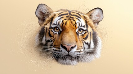 Obraz premium Majestic Tiger Face with Striking Expression and Detailed Fur Texture on a Soft Yellow Background