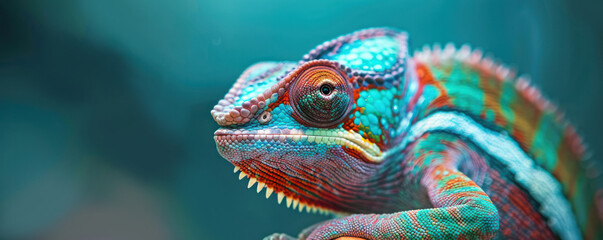 Fototapeta premium Chameleon close up animal forest wildlife jungle macro colourful reptile pets lizard portrait camouflage photography.