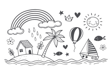 Naklejka premium Hand drawn tropical tree and beach vector illustration set for summer vacation and travel designs