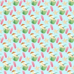 Summer Beach Tropical Pattern With Coconuts Cocktails Starfish And Flip Flops