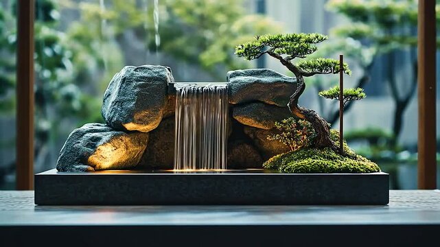 Serene indoor water feature with bonsai tree and moss-covered rocks, creating a tranquil atmosphere