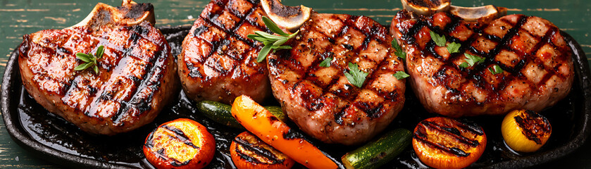 top-down view of grilled pork chops on a platter with grilled vegetables a