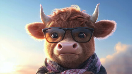 cute, confident cartoon bull wearing glasses and scarf, set against soft sky background, exuding charm and intelligence