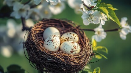 Fototapeta premium a bird's nest carefully cradled in the branches of a blossoming tree
