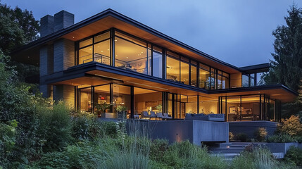 Fototapeta premium Modern house with large open windows and lush greenery at dusk