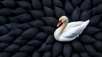 Fototapeta premium A solitary white swan is surrounded by black swans with orange beaks in a moody, atmospheric setting that evokes intrigue