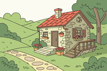 Cottage in the countryside. Vector illustration in line art style.