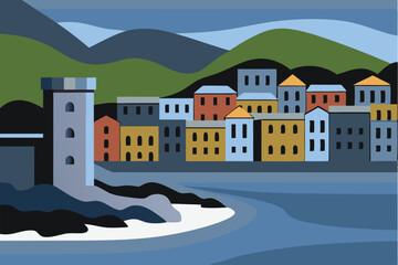 Naklejka premium Cityscape vector illustration in flat style. Cityscape with houses and river