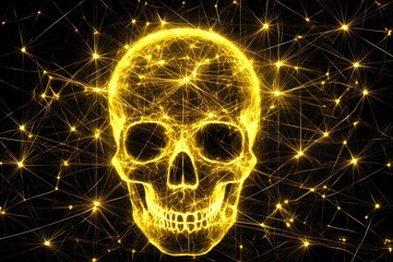 A Golden Skull Illuminated with Lines and Starbursts on Black