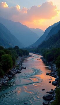 Scenic view of an unnamed river in Kashmir, India with the sun setting behind the majestic mountains in the background,  calm,  horizon