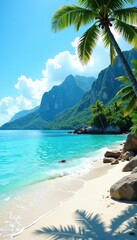 Scenic view of a tranquil beach with crystal-clear blue sea and majestic mountains in the background,  vacation,  tropical