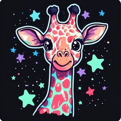 Fototapeta premium Adorable Cartoon Giraffe with Pastel Stars on Dark Background