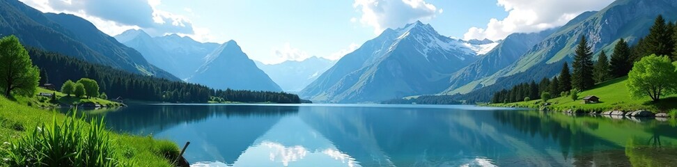 Fototapeta premium Scenic view of a tranquil lake surrounded by lush greenery and snow-capped mountains in the background, lake, beauty