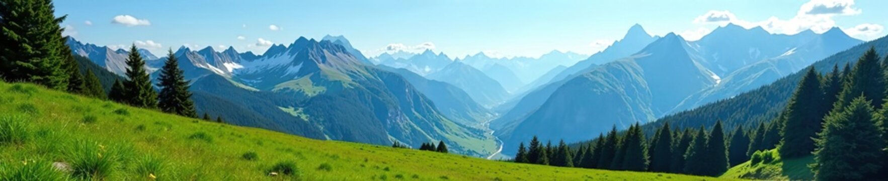 Scenic view of Austrian Alps mountains with green meadows, pine trees, and clear blue sky during hiking,  pine trees,  mountains