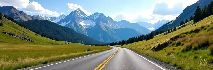 Fototapeta premium Scenic view of a winding road cutting through the majestic Absaroka Mountain Range in Wyoming, USA, natural beauty, terrain
