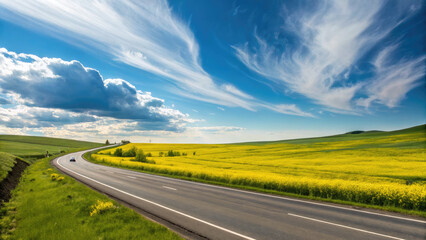 A highway stretching through vast countryside with lush green fields and yellow wildflowers under a blue sky, capturing nature’s beauty and the joy of open-road travel.