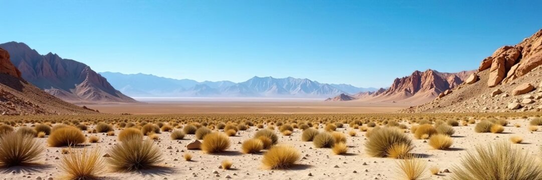 Scenic view of Tabernas desert landscape under clear blue sky, showcasing rugged terrain, dry vegetation, and distant mountains,  Spain,  dry