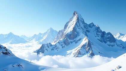 Obraz premium Snow-covered mountains rising majestically against a clear blue sky, creating a stunning winter landscape, peaks, snow-capped