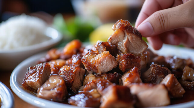 Close-up of super crispy and shiny lechon skin, juicy meat chunks still steaming on a plate, someone's hand pinching the crispy skin, Ai generated images