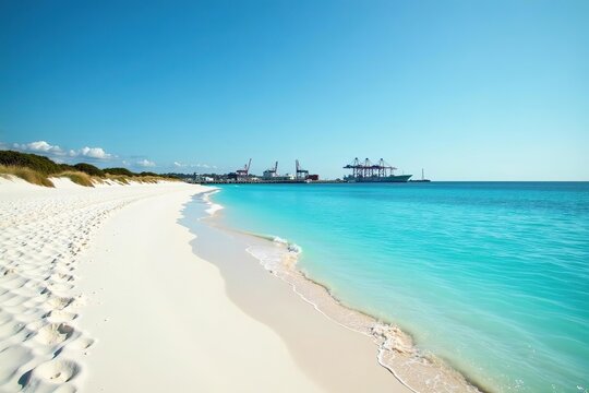 Scenic view of clear water at Port Beach with Port of Fremantle in background and white sand,  travel,  white sand