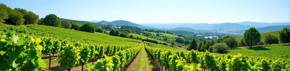 Fototapeta premium Tranquil vineyard landscape in Priorat, Catalonia, showcasing lush grapevines and rolling hills under a clear blue sky, Spanish, destination