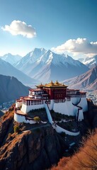 Scenic view of the iconic Potala Palace overlooking the city of Lhasa with snow-capped mountains in the background,  Potala Palace,  historic