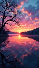 Naklejka premium Tranquil winter sunrise over Lake Austin in Austin, Texas, with colorful sky reflected in calm water, Lake, Nature