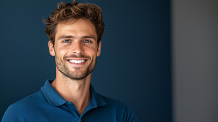 Fototapeta premium Confident European Male Model in Blue Polo Shirt with Friendly Smile