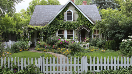 Cottage with lush garden and picket fence, surrounded by greenery