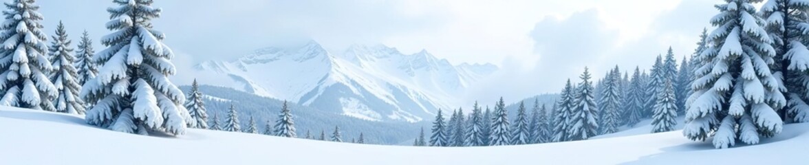 Obraz premium Snow-covered pine trees standing tall in a winter wonderland, with a pristine white blanket of snow covering the ground and mountains in the background, snowy scenes, snowy