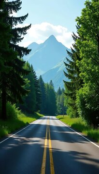Scenic view of empty road winding through lush trees with mountains in the distance,  scenic,  nature