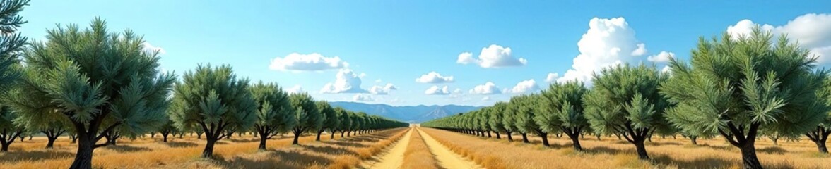 Fototapeta premium Rows of olive trees under clear blue sky with white clouds, serene, nature