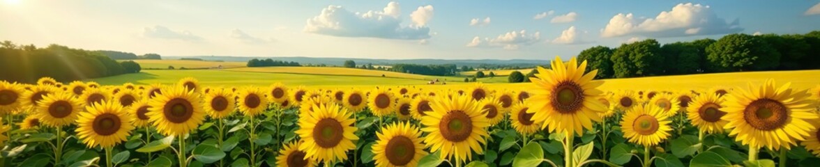 Obraz premium Scenic view of golden sunflower field in summer countryside, landscape, agriculture