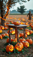 Halloween product display background podium, Pumpkin Patch Glow, rustic wood, pumpkin patch, Glowing jack-o’-lanterns, orange hue, gnarled trees, scarecrows, eerie ambiance, ad, podium platform