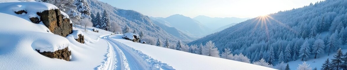 Snow-covered rocky terrain in Cozia National Park, Romania during winter,  remote,  Romania