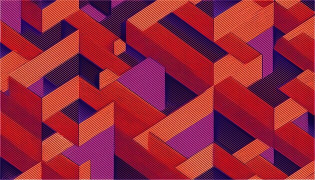 Three dimensional abstract purple and red geometric maze pattern design