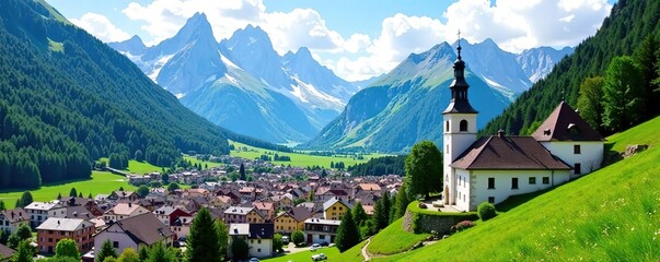Fototapeta premium Scenic view of Innichen town surrounded by the majestic Dolomites mountains, with colorful traditional buildings and a quaint church in foreground, landscape, scenic