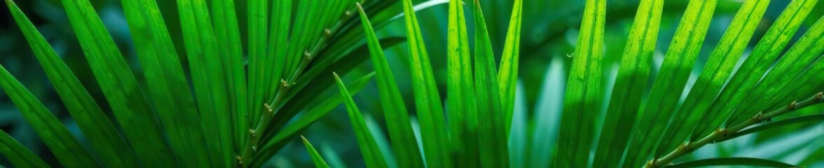 Obraz premium Tropical palm frond leaf background with vibrant green colors, lush, growth