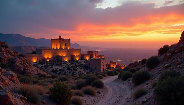 Scenic view of Ksar Ouled Soltane in Tunisia at sunset with glowing granaries in desert landscape, Tunisia,  granaries