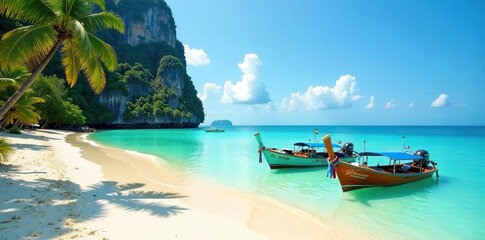 Obraz premium Tropical paradise with crystal clear waters, sandy beach, and colorful boats on Koh Lao Lading island in Krabi, Thailand, sandy, boats
