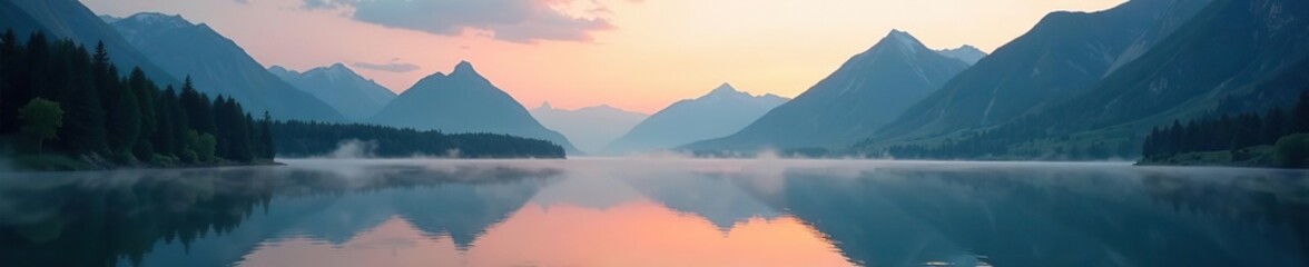 Fototapeta premium Scenic view of Lake Matheson at dawn with misty mountains in background, tourism, Westland District