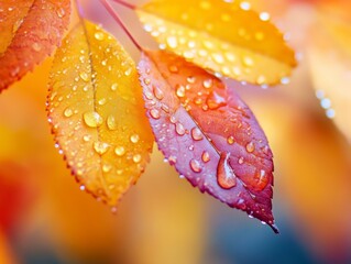 Autumn rainfall on colorful leaves natural setting close-up photography vibrant environment macro viewpoint nature's beauty