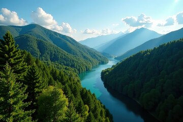 Scenic view of La Tuque landscapes on the 155 road showcasing lush forests, rolling hills, and a winding river,  serene,  155 road
